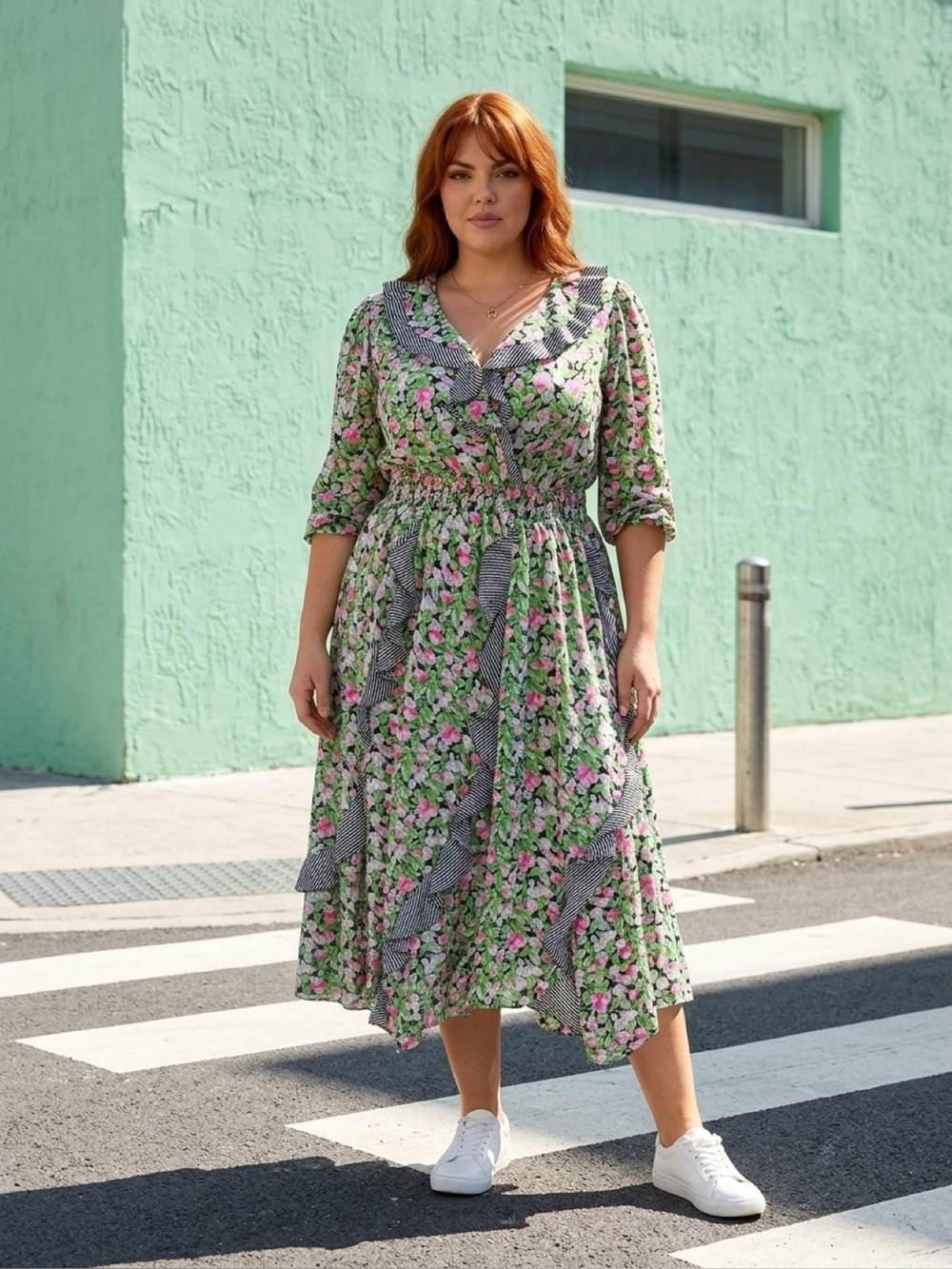 Mosaic Women's Floral Collared Midi Dress Size 14 Ruffle 3/4 Puff Sleeve